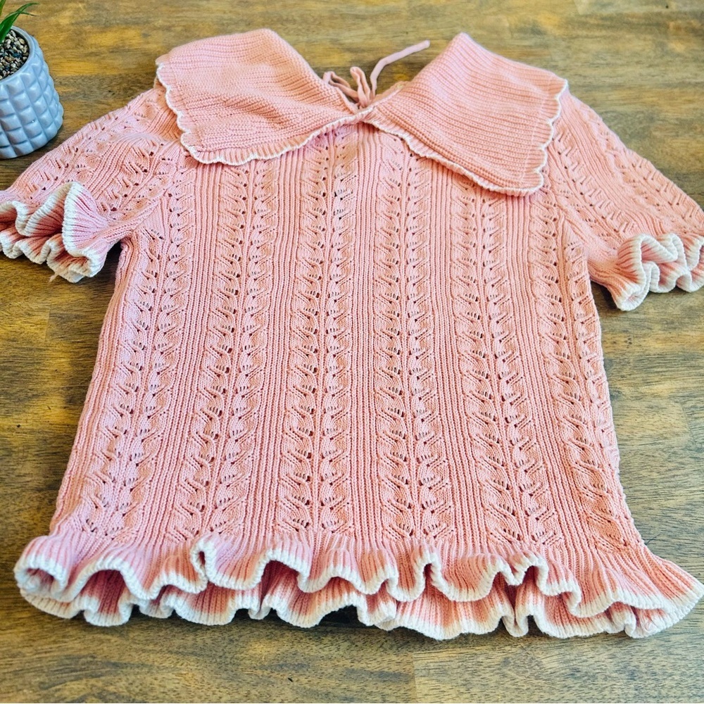 Pink Knit Top Ruffle Trim Peter Pan Collar Cottagecore Coquette Sweater Size S - Picture 6 of 7